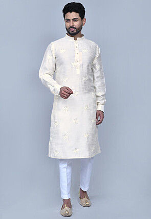 Embroidered Dupion Silk Kurta Set in Cream