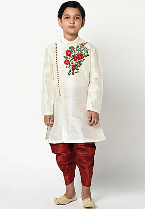 Embroidered Dupion Silk Kurta Set in Cream