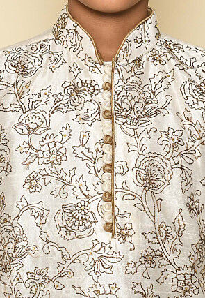 Embroidered Dupion Silk Kurta Set in Cream