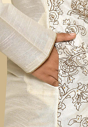 Embroidered Dupion Silk Kurta Set in Cream
