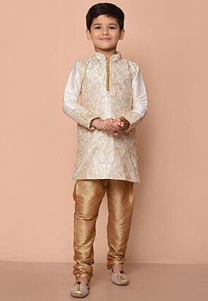 Embroidered Dupion Silk Kurta Set in Cream