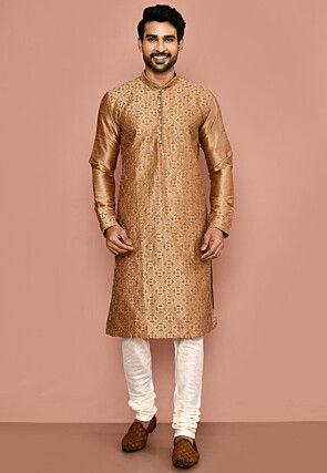 Embroidered Dupion Silk Kurta Set in Dark Beige