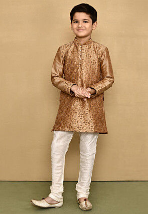 Embroidered Dupion Silk Kurta Set in Dark Beige