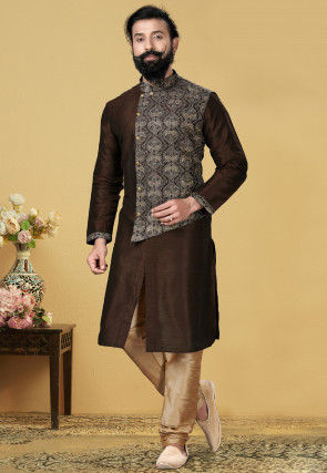 Embroidered Dupion Silk Kurta Set in Dark Brown