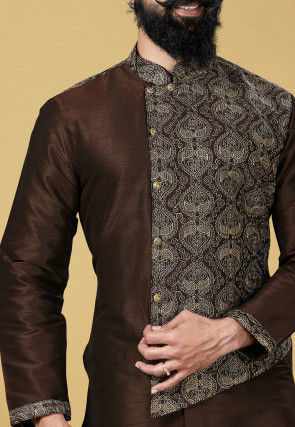 Embroidered Dupion Silk Kurta Set in Dark Brown