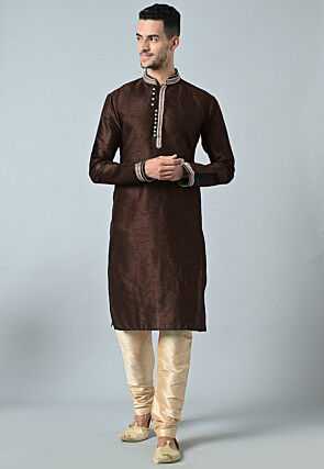 Embroidered Dupion Silk Kurta Set in Dark Brown