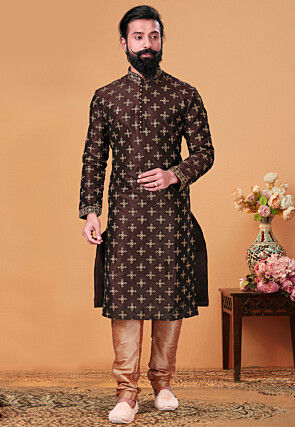Embroidered Dupion Silk Kurta Set in Dark Brown