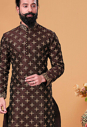 Embroidered Dupion Silk Kurta Set in Dark Brown
