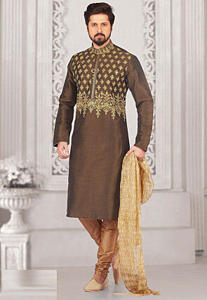 Embroidered Dupion Silk Kurta Set in Dark Brown