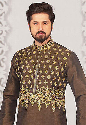 Embroidered Dupion Silk Kurta Set in Dark Brown
