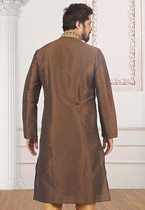Embroidered Dupion Silk Kurta Set in Dark Brown