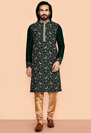 Embroidered Dupion Silk Kurta Set in Dark Green