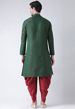 Embroidered Dupion Silk Kurta Set in Dark Green
