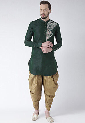 Embroidered Dupion Silk Kurta Set in Dark Green