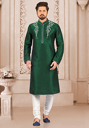 Embroidered Dupion Silk Kurta Set in Dark Green