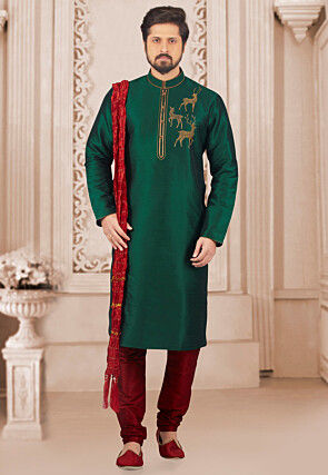 Embroidered Dupion Silk Kurta Set in Dark Green