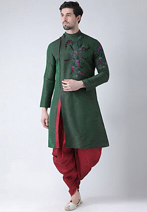 Embroidered Dupion Silk Kurta Set in Dark Green