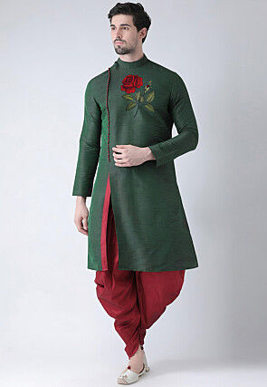 Embroidered Dupion Silk Kurta Set in Dark Green