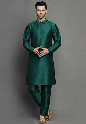 Embroidered Dupion Silk Kurta Set in Dark Green