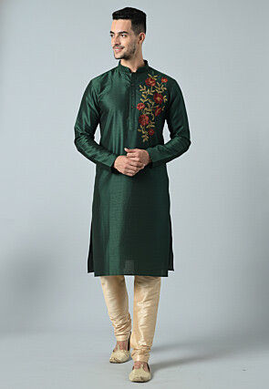 Embroidered Dupion Silk Kurta Set in Dark Green