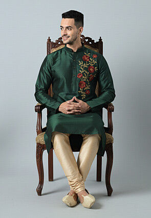 Embroidered Dupion Silk Kurta Set in Dark Green
