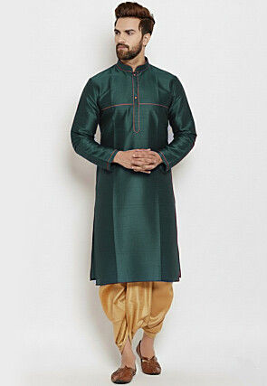 Contrast Trim Dupion Silk Kurta Set in Dark Green