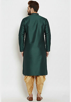 Contrast Trim Dupion Silk Kurta Set in Dark Green