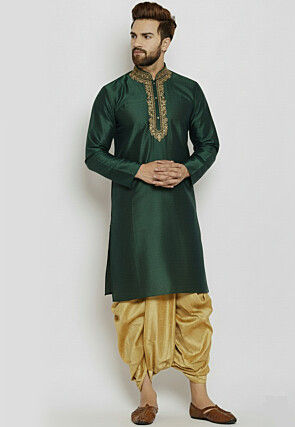 Embroidered Dupion Silk Kurta Set in Dark Green