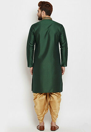 Embroidered Dupion Silk Kurta Set in Dark Green