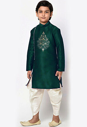 Embroidered Dupion Silk Kurta Set in Dark Green