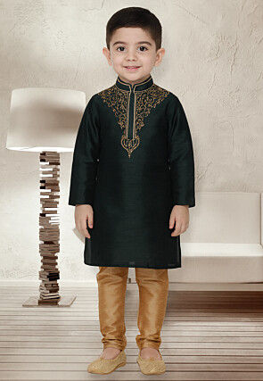 Embroidered Dupion Silk Kurta Set in Dark Green