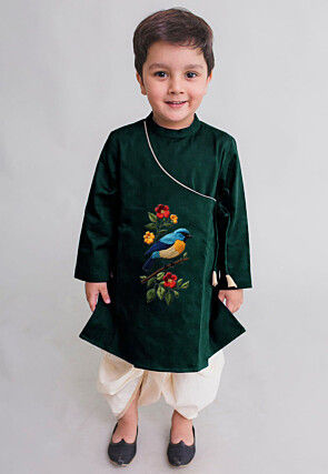 Embroidered Dupion Silk Kurta Set in Dark Green
