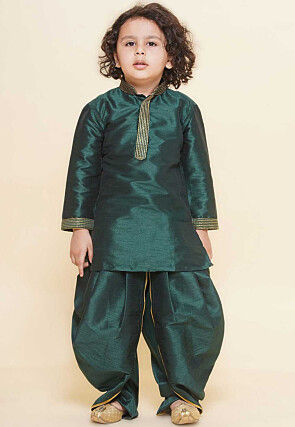 Embroidered Dupion Silk Kurta Set in Dark Green