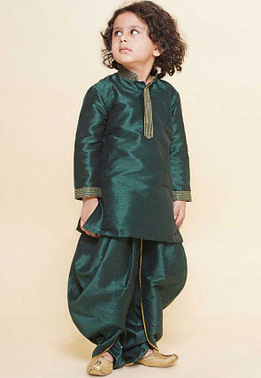 Embroidered Dupion Silk Kurta Set in Dark Green