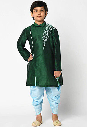 Embroidered Dupion Silk Kurta Set in Dark Green