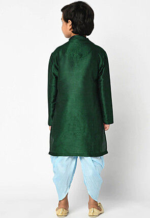 Embroidered Dupion Silk Kurta Set in Dark Green