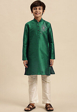 Embroidered Dupion Silk Kurta Set in Dark Green