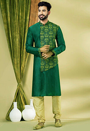 Embroidered Dupion Silk Kurta Set in Dark Green