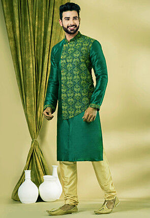Embroidered Dupion Silk Kurta Set in Dark Green