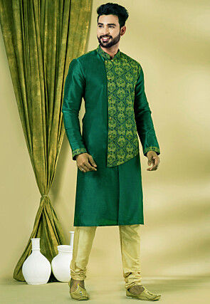 Embroidered Dupion Silk Kurta Set in Dark Green