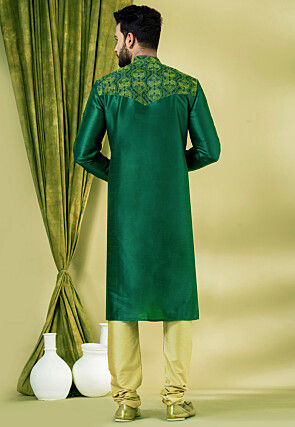 Embroidered Dupion Silk Kurta Set in Dark Green