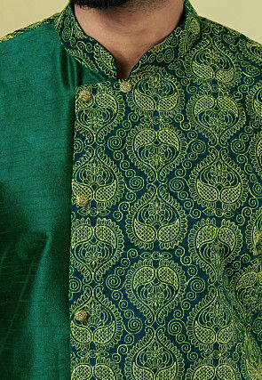 Embroidered Dupion Silk Kurta Set in Dark Green