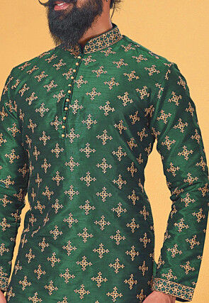 Embroidered Dupion Silk Kurta Set in Dark Green