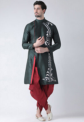 Embroidered Dupion Silk Kurta Set in Dark Grey