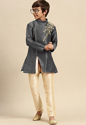 Embroidered Dupion Silk Kurta Set in Dark Grey