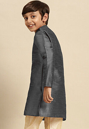 Embroidered Dupion Silk Kurta Set in Dark Grey