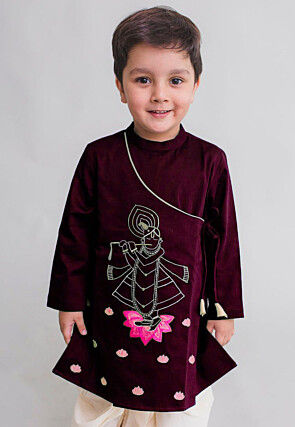 Embroidered Dupion Silk Kurta in Wine
