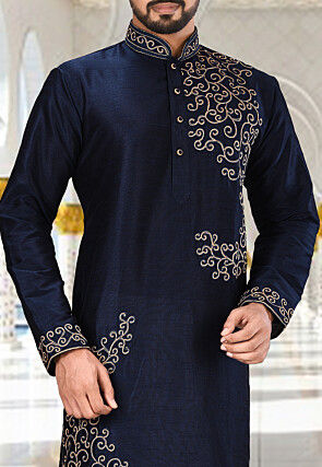 Embroidered Dupion Silk Kurta Set in Dark Navy Blue and White