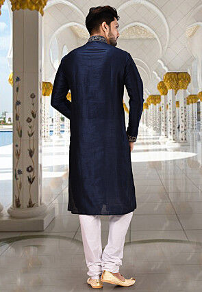 Embroidered Dupion Silk Kurta Set in Dark Navy Blue and White