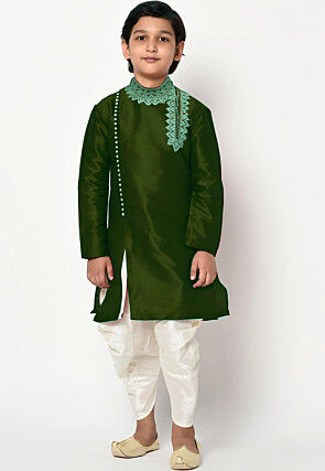 Embroidered Dupion Silk Kurta Set in Dark Olive Green